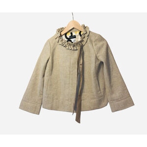 J Crew Coat Womens OP Beige Wool Silk Ruffle Collar Bow Herringbone
